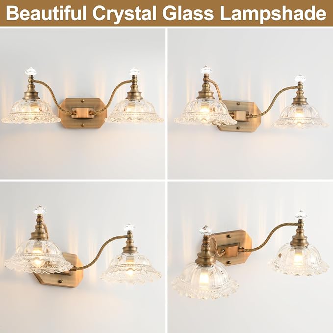 Vintage Bathroom Light Fixtures, 2 Light Brass Vanity Lights with Crystal Glass Flower Shade, Retro Wall Sconce for Bedroom, Living Room, Hallway
