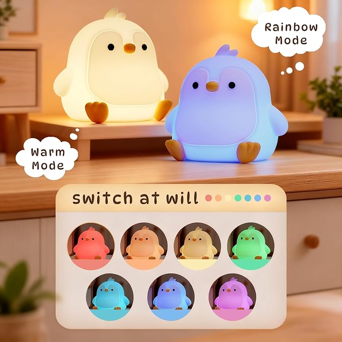 Night Light for Kids, Cute Penguin Silicone Night Light with 7 Colors, Bedside Lamp with Timer, Touch Control Dimmable Lamp, LED Rechargeable Lamp for Toddler Boys Girls Room Christmas Decor (Penguin)