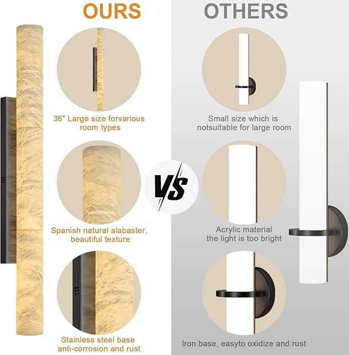 Natural Alabaster Wall Sconces, 36" Large Bronze Wall Sconce, Modern Gold LED Sconces, Cylinder Spanish Marble Sconce Perfect for Living Room, Bedroom, Hallway, Stairs