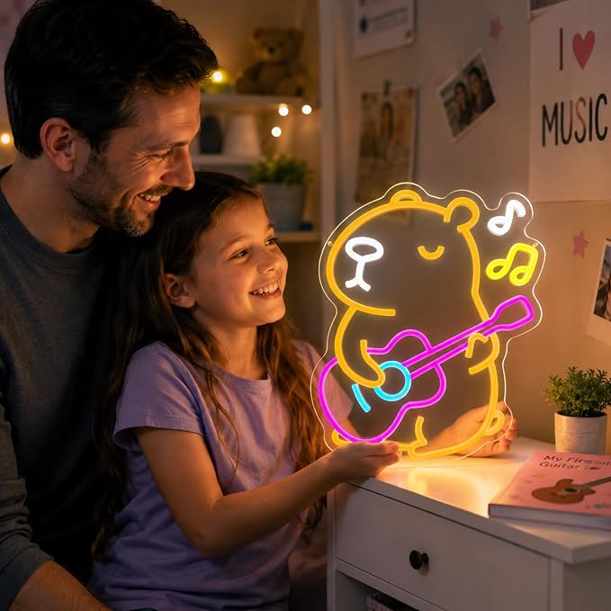 Capybara Neon Sign Animal Neon Light LED Neon Capybara Light for Wall Decor | Dimmable Capybara Neon Light with Guitar Design for Kids Bedroom Party Decor Birthday Gift for Children and Capybara Lovers