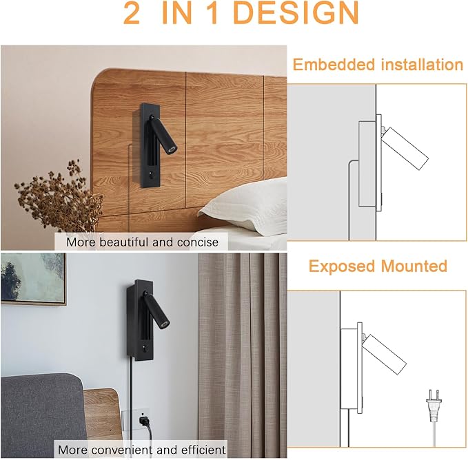 Set of 2 Led Headboard Wall Light, 350°Rotation Portable Plug in Wall Sconce Hardwired, Bedside Reading Light Recessed Push Switch, Hotel Bed Side Decor Wall Sconces Spotlight (Matt Black)