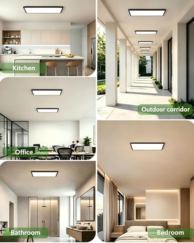 2Pack Black 23.6In Flush Mount Ceiling Light, 14W 3000lm Thyristor (TRIAC) Dimmable Rectangle LED Ceiling Light,3-CCT 3000-6500K with Memory Funcation,IP54 for Kitchen/Bathroom/Hallway/Office