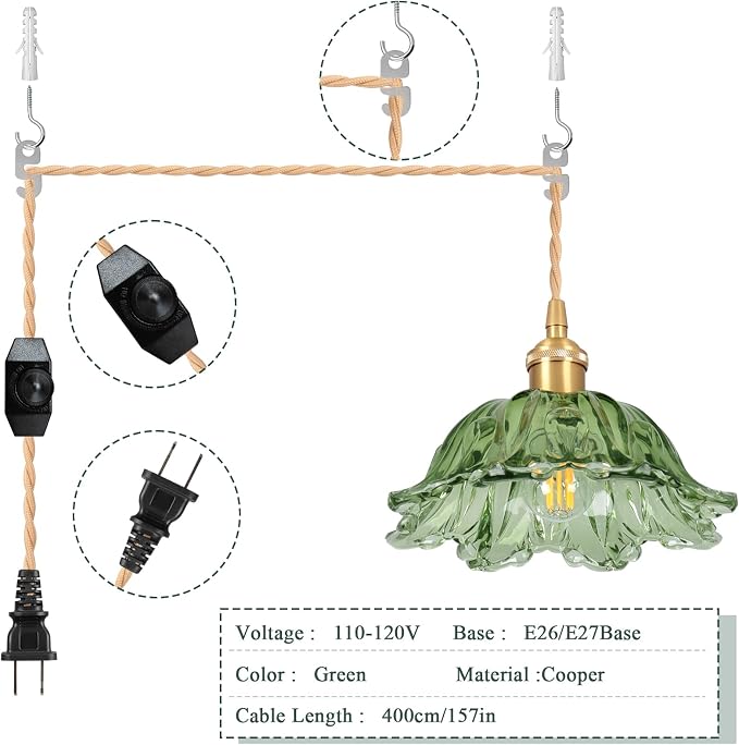 Plug in Pendant Light Fixtures,Hanging Light Fixture Corded On/Off Switch,10.6in E26 Green Glass Lampshade Pendant Lighting for Kitchen Island, Bedroom, Dining Room