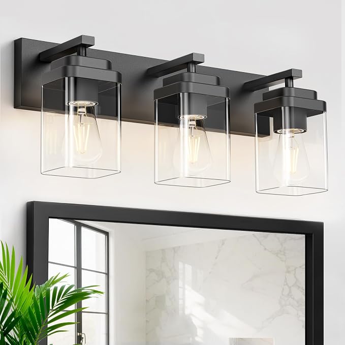 Black Bathroom Light Fixtures, 3 Lights Bathroom Lighting Fixtures Over Mirror, Square Design & Rectangle Large Backplate, Modern Vanity Lighting Fixtures, for Bathroom/Living Room/Bedroom