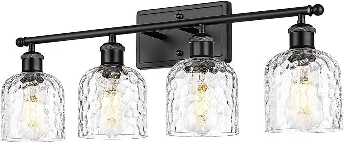 zeyu 27'' Black Vanity Light for Bathroom, 4-Light Wall Mount Vanity Light Fixture, Black Finish with Clear Hammered Glass, ZJF63B-4W BK