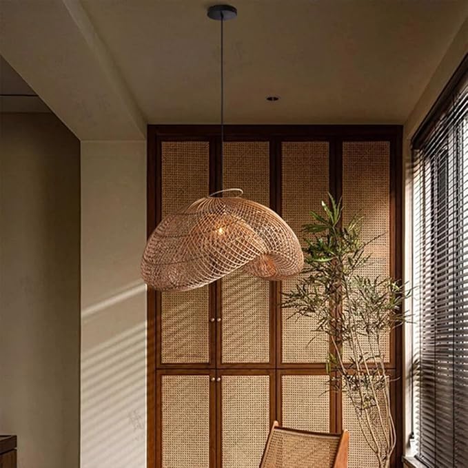Organic Modern Bamboo Chandelier 19.7" Handmade Woven Wicker Pendant Light, Farmhouse Boho Rattan Light Fixture for Dining Room, Kitchen, Cafe, Bedroom Living Room