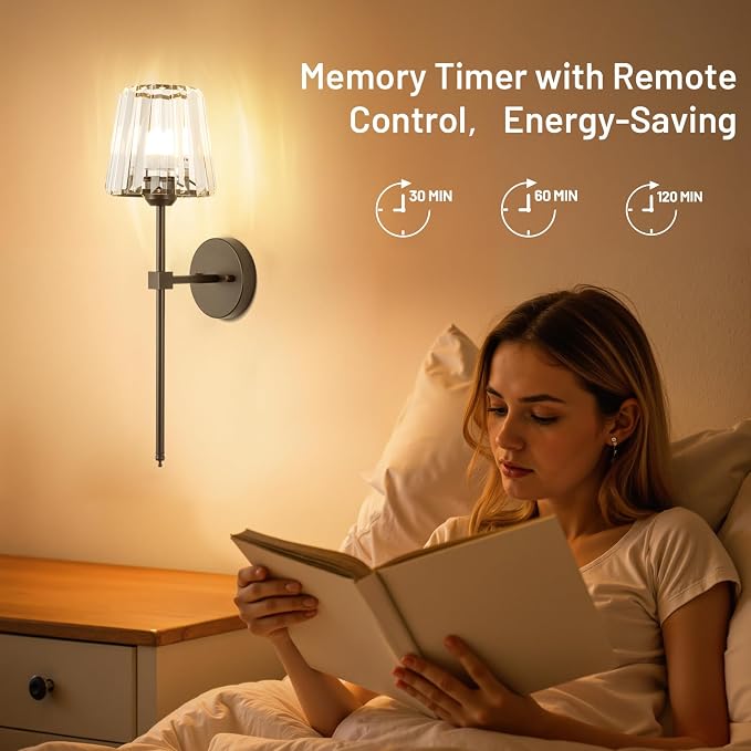 Crystal Battery Operated Wall Sconces Set of 2, Brown Rechargeable Wireless Wall Lights with Crystal Lampshade, 12 RGB and 3CCT Dimmable Wall Lamps with Remote for Bedroom Living Room Hallway