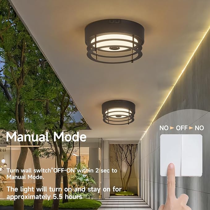 Yisuro Outdoor Ceiling Light with Motion Sensor, Dusk to Dawn Flush Mount Ceiling Light, LED Light, Adjustable Timer & Sensitivity, Exterior Porch Light Fixture for Front Door, Patio, Garage, Black