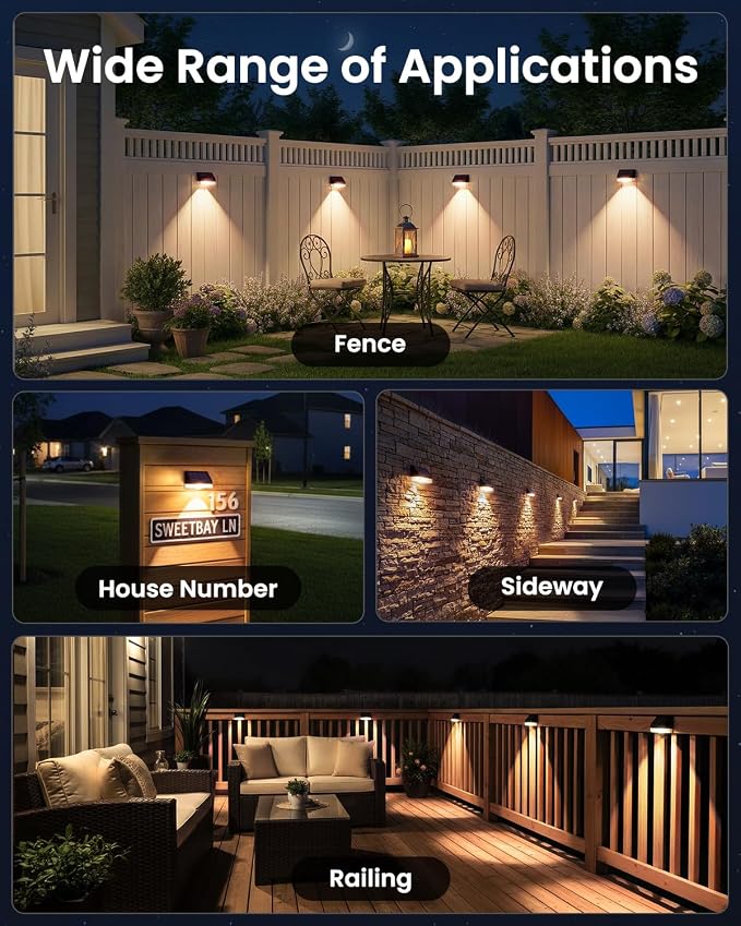 VOLISUN Fence Lights Solar Powered 8 Pack, Dusk to Dawn Solar Fence Lights Outdoor Waterproof with Warm White LED Spot Lens, Solar Light for Fence, Yard, Wall, Backyard, Railing, Deck, and Patio