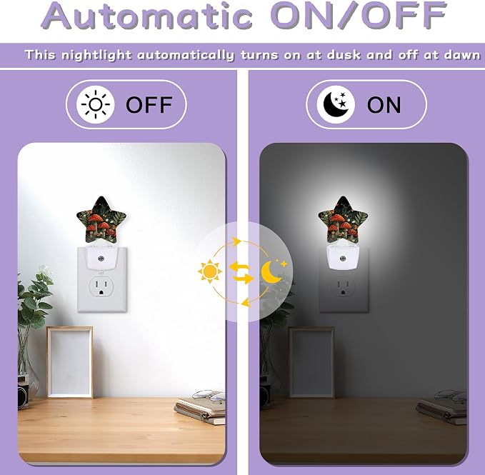 Fantasy Mushroom Nightlights Plug in Wall,Butterfly Moon Decorative Star Lamp with Automatic Lighting for Living Space,Gentle Glow for Kids Room,Hallway,Bathroom