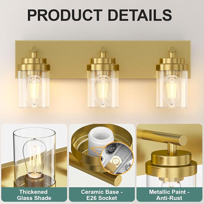 IZORRO Bathroom Vanity Light Fixture, 3-Light 22 Inch Gold Bathroom Light Fixtures Over Mirror, with Clear Glass Shade, Modern Farmhouse Vanity Lights, Rustic Restroom Lighting Fixtures