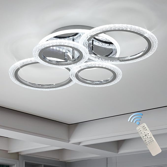 Garwarm Modern LED Flush Mount Ceiling Light with Remote, 4 Ring Chrome 58W | Low Profile Ceiling Light Fixture,Dimmable 3000K-6000K Adjustable Color Temperature,Bubble Acrylic, for Living Room, Bedroom