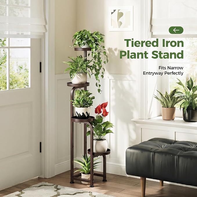 Bamworld Corner Plant Stand Indoor Outdoor Tall Metal Flower Pot Stands | 4 Tier Brown Heavy Duty Plant Shelf for Multiple Plants Patio Garden Balcony Living Room Bedroom(Patent Design)