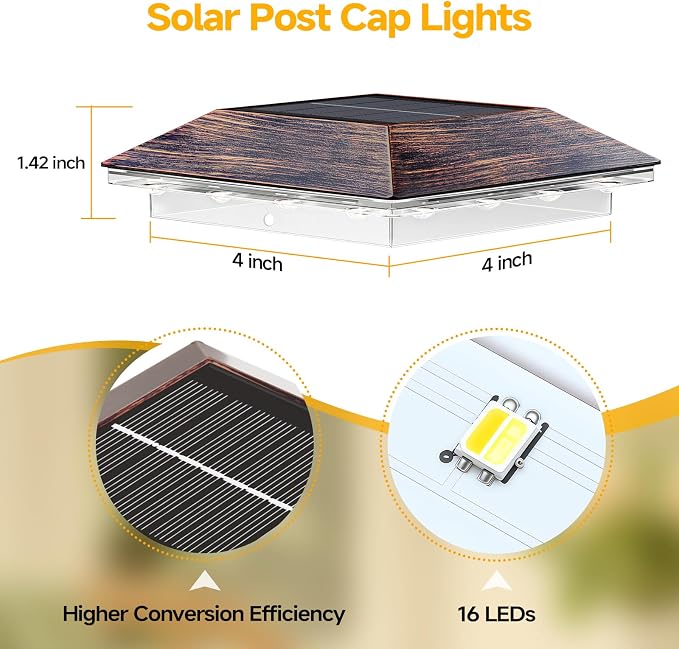12 Pack 4x4 Solar Post Light, 3 Mode Wooden Vinyl Fence Cap, Brown | 3 color temperatures, Waterproof LED Solar Post Lights, Patio Porch Decor, Only Fit Two True Size Post: 3.5''x3.5'', 4''x4''