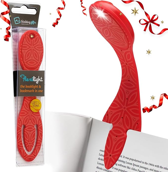 Gifts for Readers & Writers Book Light, Clip On Reading Light for Bed, 2in1 Flexilight & Bookmark, Small & Lightweight with a Soft Glow, 2 Batteries Included, Red