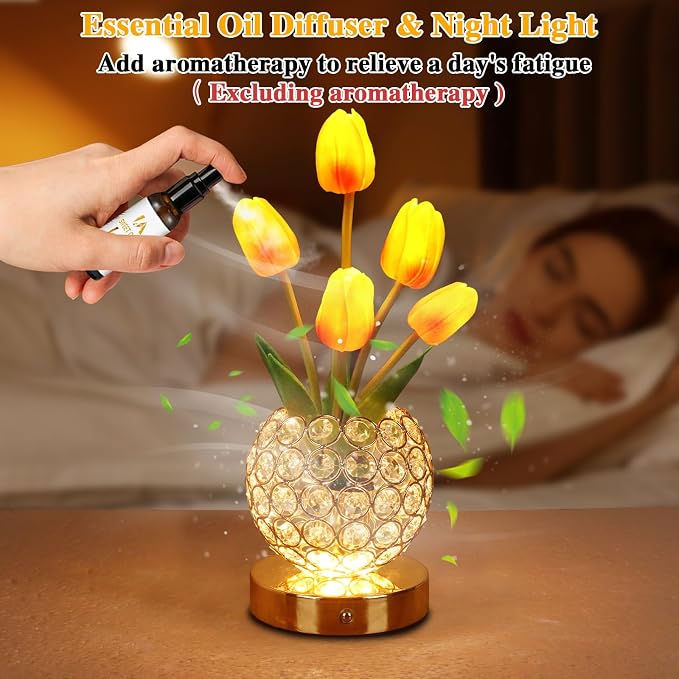 Birthday Gifts for Women Mothers Day Gifts/for Mom Tulip Table Lamp | 3 Color Crystal Flower Bedside Lamps Infinitely Dimming with USB Charge Small Night Light,Night stand Touch Lamp(gold-tulip)