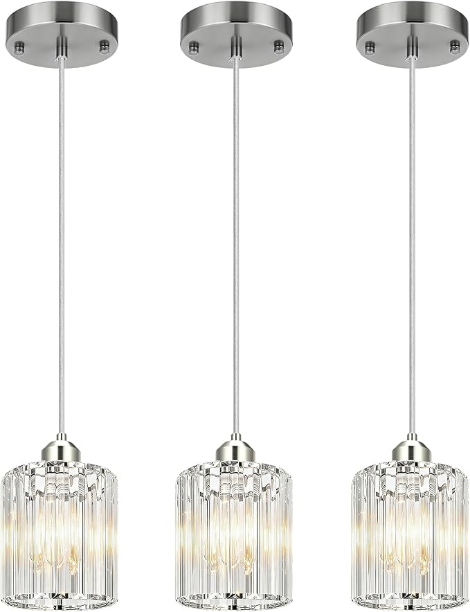 3 Pack Pendant Lights Kitchen Island Brushed Nickel Pendant Light | Crystal Pendant Light, Easy Install, Adjustable Height, E26 Base, for Kitchen Island, Dining Table, Entryway, Restaurant