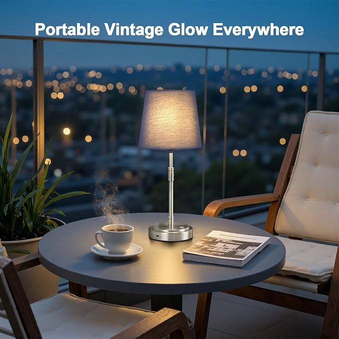 Cordless Table Lamps Set of 2 – Battery Operated Lamp with 7500mAh Rechargeable Battery, Stepless Dimmable Brushed Nickel Lamps with Blue Shade, Wireless Lamps for Dining Room (Bulbs Included)