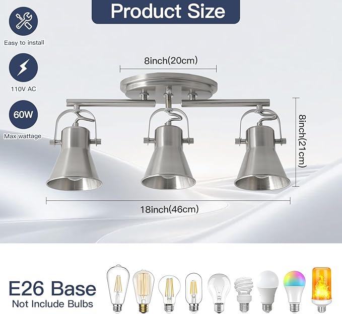 SEEBLEN Nickel 3-Light Track Lighting Kit, Directional Ceiling Light Fixtures, Industrial Kitchen Lighting for Island, Over Table, Hallway，Laundry Room