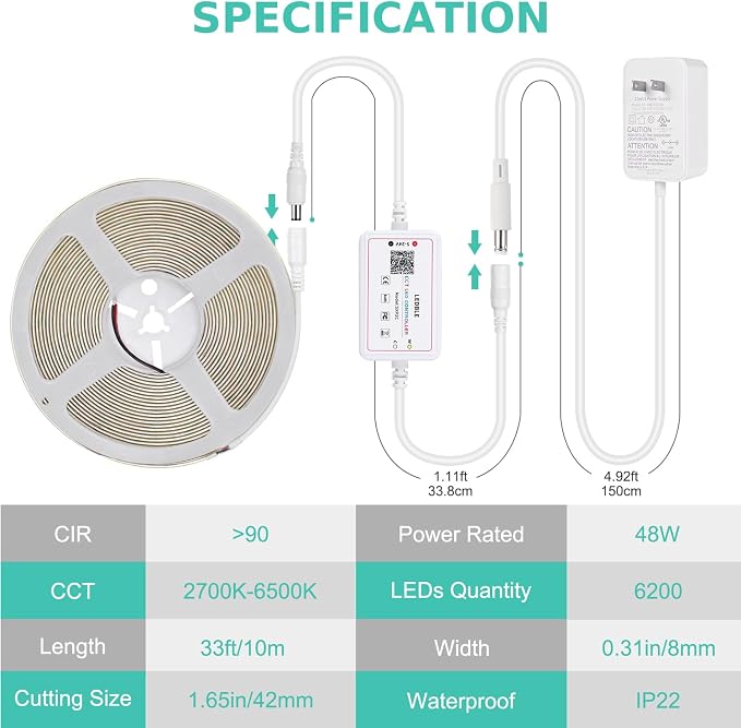 COB LED Strip Light White, 33ft Dimmable 2700K-6500K High Density 24V Flexible LED Tape Light with Remote and APP Control, UL-Listed White led Strip Lights for Bedroom Kitchen Christmas Decor