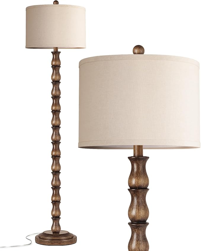 63.5" Rustic Floor Lamp for Living Room, Farmhouse Floor Lamp with Rotary Switch & Linen Shade, Vintage Resin Tall Standing Lamp for Bedroom Corner Office Home Decor, Dark Brown (LED Bulb Included)