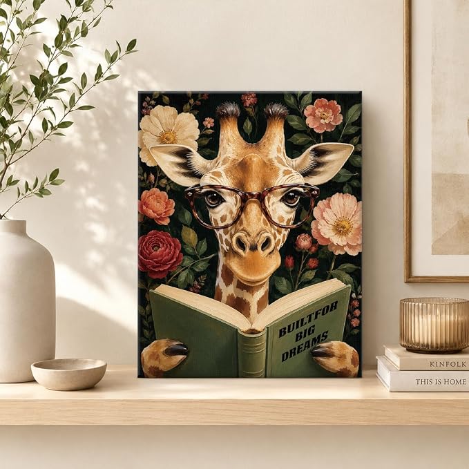 NSFBESSLIA Funny Reading Giraffe Painting, Whimsical Vintage Animal Decor, Built For Big Dreams, Wall Art for Living Room Bedroom Entryway, 8x10 Inch
