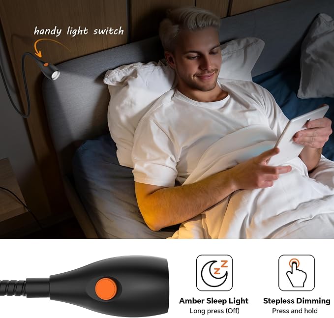 Wall/Headboard Mounted Reading Light with Lamp Head Switch | Minimalist Design, USB-C Powered, CRI 95+,4000K + Amber Nightlight,8–100% Dimmable, Metal Gooseneck,For Home Bedroom Bedside