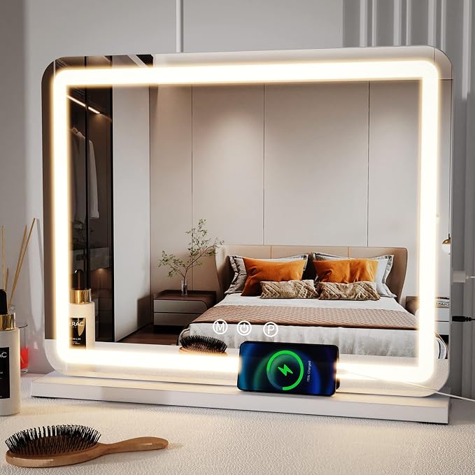 ZL ZELing Vanity Mirror with Lights, 23 Inch Large Makeup Mirror with LED Lights, Smart Touch Dimmable 3-Color Light, Memory Function, USB Charging Port, and Magnifying Glass