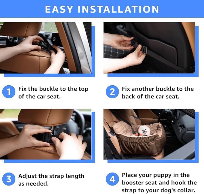 Oiilores Dog Car Seat for Small Dogs, Washable Pet Booster Seats with Clip-On Safety Leash, Comfy Deluxe Plush Carseat with Storage Pockets, Puppy Car Travel Carrier Bed for Dogs Under 25 lbs, Brown