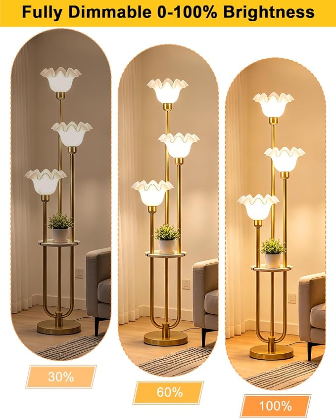 Lightdot Flower Floor Lamp for Living Room Dimmable Vintage Floor Lamp with Shelf& Bulbs Included Mid Century Gold Floral Standing Tall Lamp with 5Lbs Heavy Base for Bedroom/Sofa Beside/Corner Decor