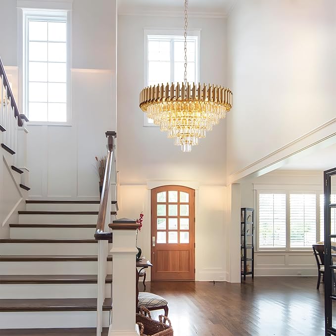 Large Crystal Chandelier 30" Modern Hanging Crystal Pendant, 6 Tiers K9 Crystal Ceiling 16 Lights Fixtures, Round Pendant Lighting Large Chandelier for Entryway Dining Room Staircase
