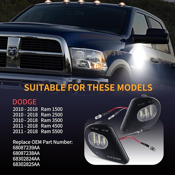 Gempro 2Pcs LED Side Mirror Puddle Light Lamps Assembly for 2010-2019 Dodge Ram 1500 2500 3500 4500 5500 Towing Mirror Lights, 6000K Diamond White
