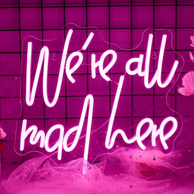 WLHOPE We're All Mad Here Neon Sign Pink Neon Signs for Wall Decor Alice In Wonderland Party Decorations Connectivity Via Neon Light for Bedroom Home Dorm Wedding Party Bar Pub Salon Christmas Gifts