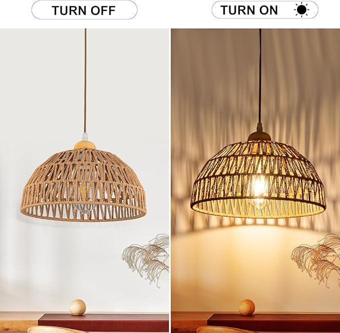 Boho Pendant Light Fixture Kitchen Chandelier Rattan Hanging Light Flush Mount Ceiling Light Boho Lamp Shade Wooden Base Bohemian Chandeliers for Hallway Bedroom Chandelier Dinning Light Fixture