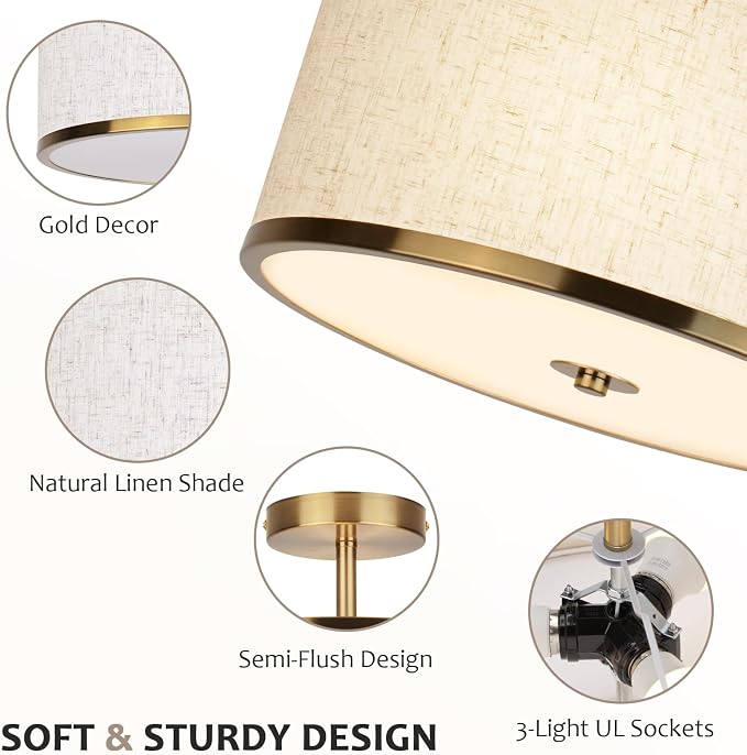 CALOKES 12.6 Inch Semi Flush Mount Ceiling Light, 3-Light Drum Lamp with Gold Brass Finish and Beige Shade, Ideal for Bedroom, Kitchen, Dining Room, Hallway, Entryway, and Foyer,