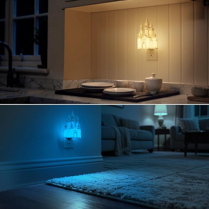 Night Lights Plug into Wall,3D Printed Castle RGB Night Light | 10-Color Change NightLight, 3 Level Brightness Adjustable Dimmable Nightlights with Dusk to Dawn Sensor for Bathroom Hallway