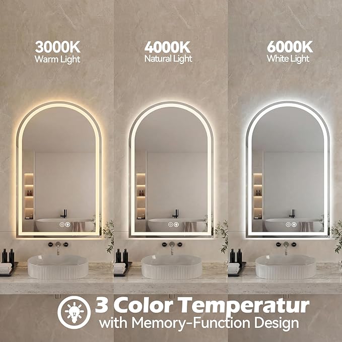 NEWBULIG 28X20 Inch Arched LED Bathroom Wall Mirror with Lights, Light up Vanity Bathroom Mirror for Over Sink, Anti-Fog and Dimmable, Front Light and Backlit, Memory Function, Shatter-Proof, White