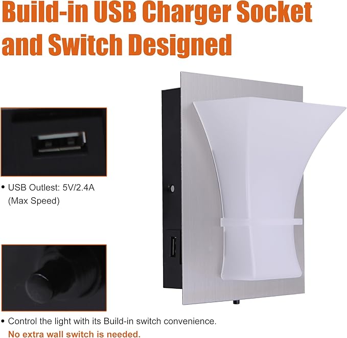 Facon LED 12V Wall Sconce with Fast USB Charger (5V/2.4A) – Modern RV Bedside Reading Light & Decorative Vanity Light for RV, Camper, Boat, Tiny Homes