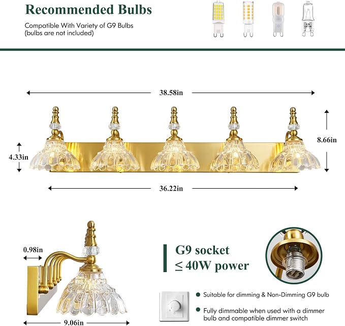 Vintage Bathroom Vanity Light, 5-Light Gold Vanity Lighting Fixture with Flower Glass Shade, Bathroom Lighting Fixtures Over Mirror