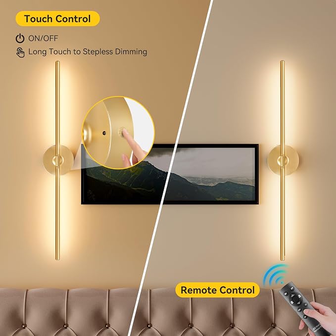 Battery Operated Wall Sconces Set of 2, 8000mAh Wireless Rechargeable 3000-6000K Dimmable 350° Rotate Wall Light with Remote for Living Room, Bedroom 31.6in Gold