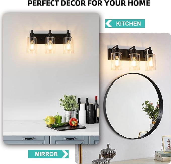 3-Light Bathroom Light Fixtures Modern Black Vanity Lights for Bathroom Lighting Fixtures Over Mirror for Cabinet Mirror Bedroom Hallway
