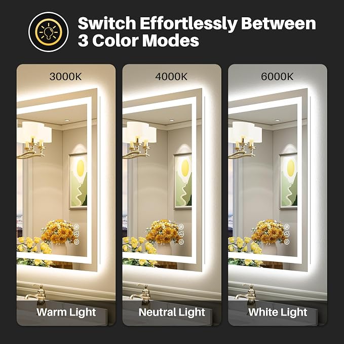 28x32 Inch LED Bathroom Mirror with Lights, Backlit & Front Lit | Anti-fog, 3 Color Dimmable, Memory Function, HD Reflection Tempered Glass, ETL Listed, IP54 Waterproof