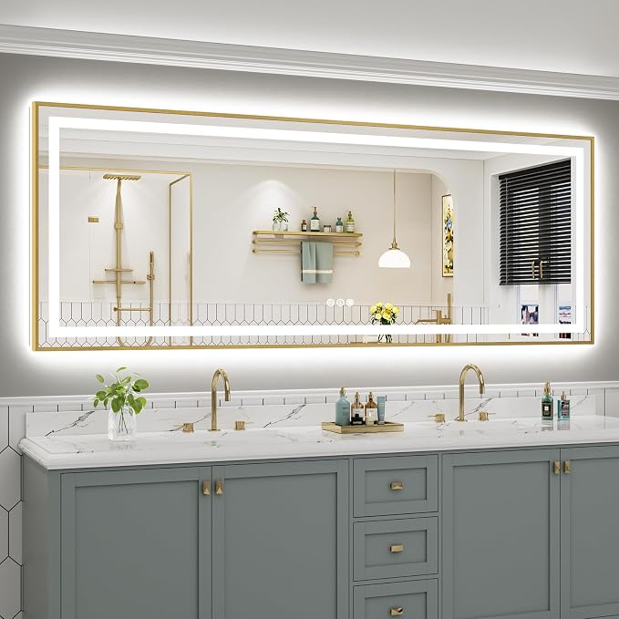 96X36 Inch LED Bathroom Mirror with Gold Frame, Backlit & Front Lit | Anti-fog, 3 Color Dimmable, Memory Function, HD Reflection Tempered Glass, ETL Listed, IP54 Waterproof