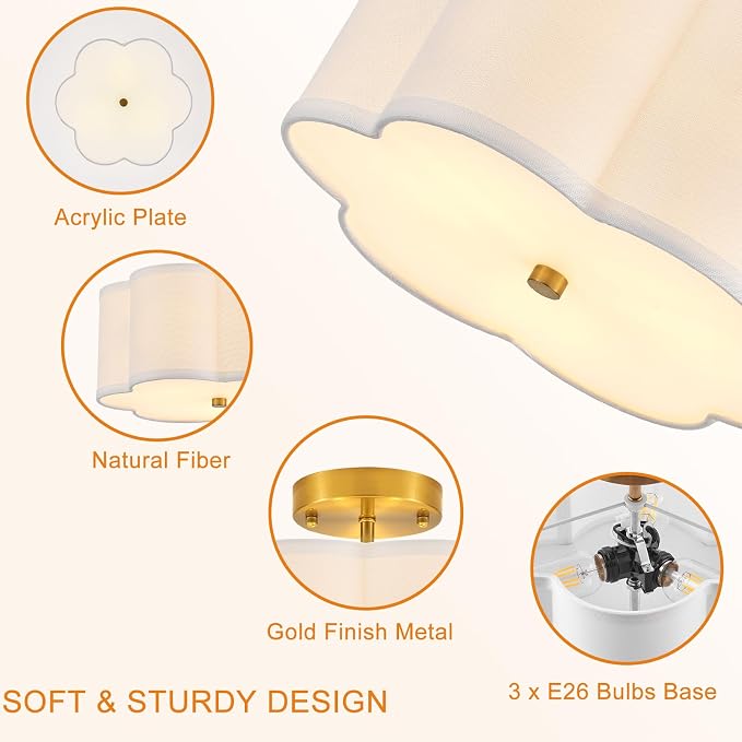 12.9" Gold Semi Flush Mount Ceiling Light, Linen 3-Light Fixture | White Linen Petal Shade, Modern Gold Style For Bedroom, Hallway,Dining, Bedroom,Laundry; Close-To-Ceiling, E26, Easy Install
