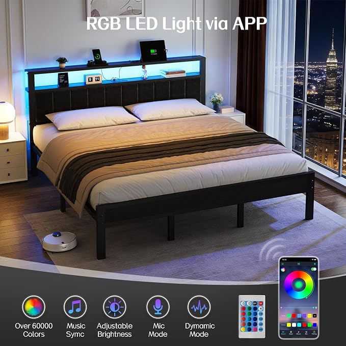 OLEVS King Bed Frame with Charging Station & LED Lights, Modern Platform Bed with Upholstered Storage Headboard, No Box Spring Needed Noise Free
