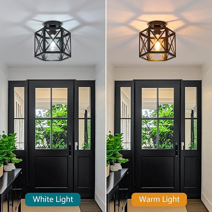 XSDeTu 2 Pack Farmhouse Semi Flush Mount Ceiling Light, Industrial Black Hallway Light Fixture, Small Metal Cage Close to Ceiling Lights for Kitchen Sink Porch Bedroom