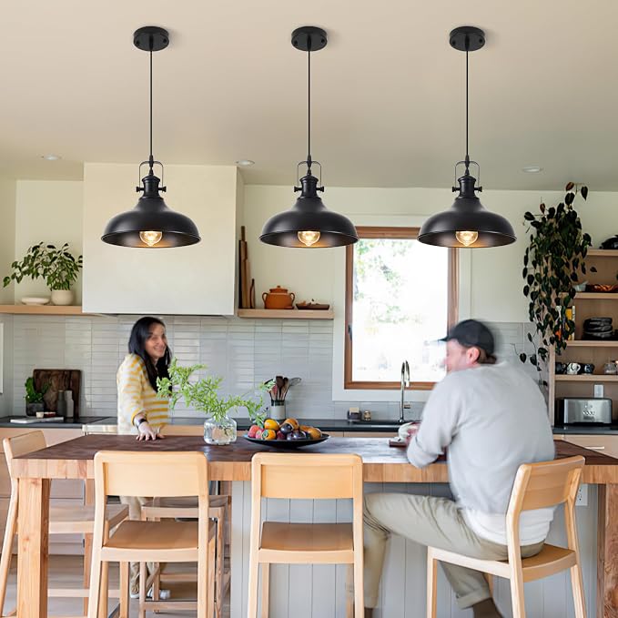 Matte Black Dome Pendant Lights 3 Pack, 11.41" Industrial Farmhouse Pendant Light, Adjustable Cord Pendant Lighting for Kitchen Island Dining Porch Sink Hallway Entryway