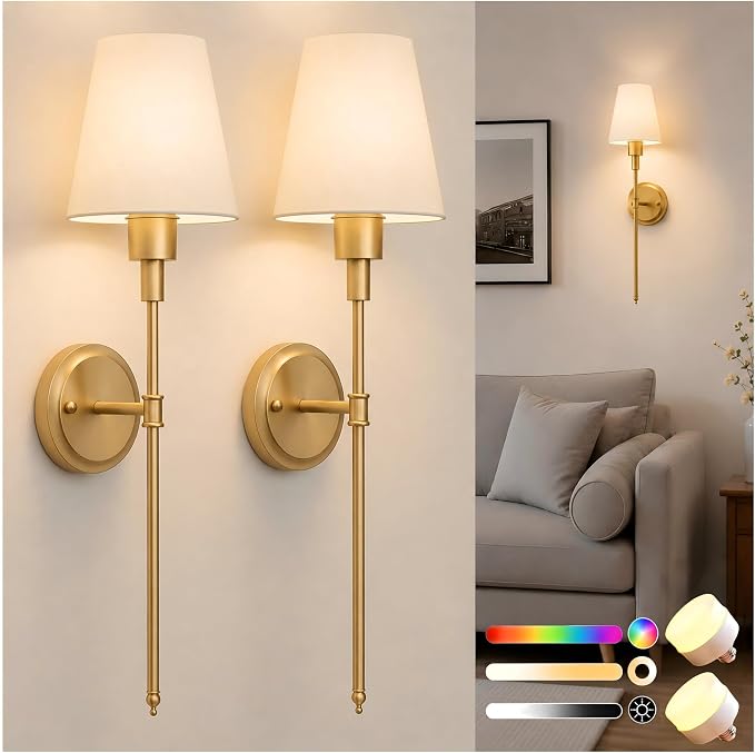 Battery Operated Wall Sconce: Set of 2 Wireless Wall Light 12000mAh | 15 Color Rechargeable Wall Sconces, Sconce Wall Decor Set of 2 for Bedroom, Living Room, Gold, 24.6in
