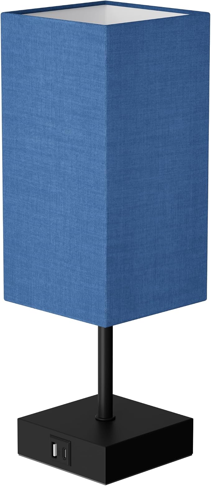 Bedside Table Lamp for Bedroom with 2USB Ports, 14-Inch, NavyBlue | USB A+C Ports, Touch 3-Way Dimmable LED Bulb Included Fabric Lampshade Metal Base Small Nightstand Lamp for Desk Living Room
