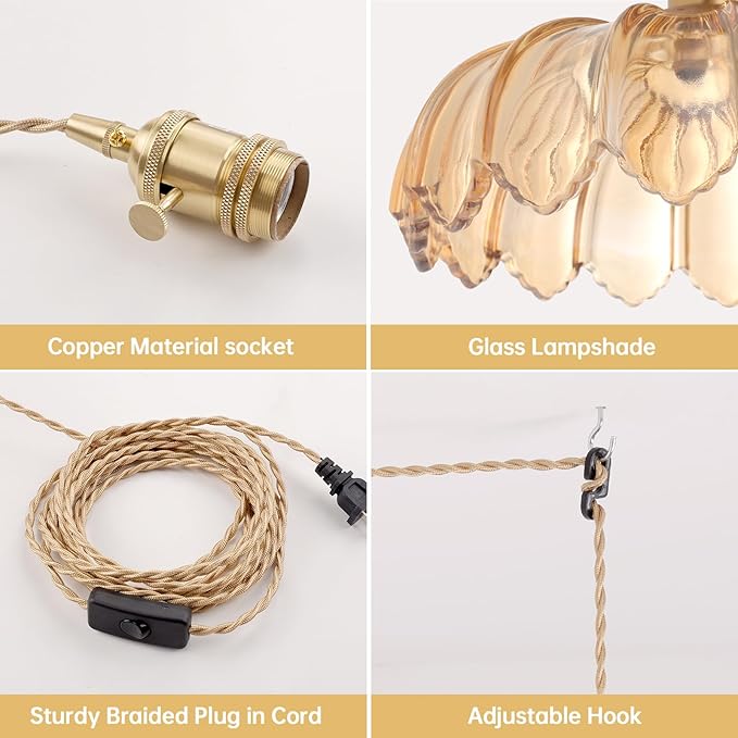 Plug in Pendant Light Hanging Light Fixtures with Plugin Cord On/Off Switch,Amber Scindapsus Glass Lampshade Brass Pendant Light